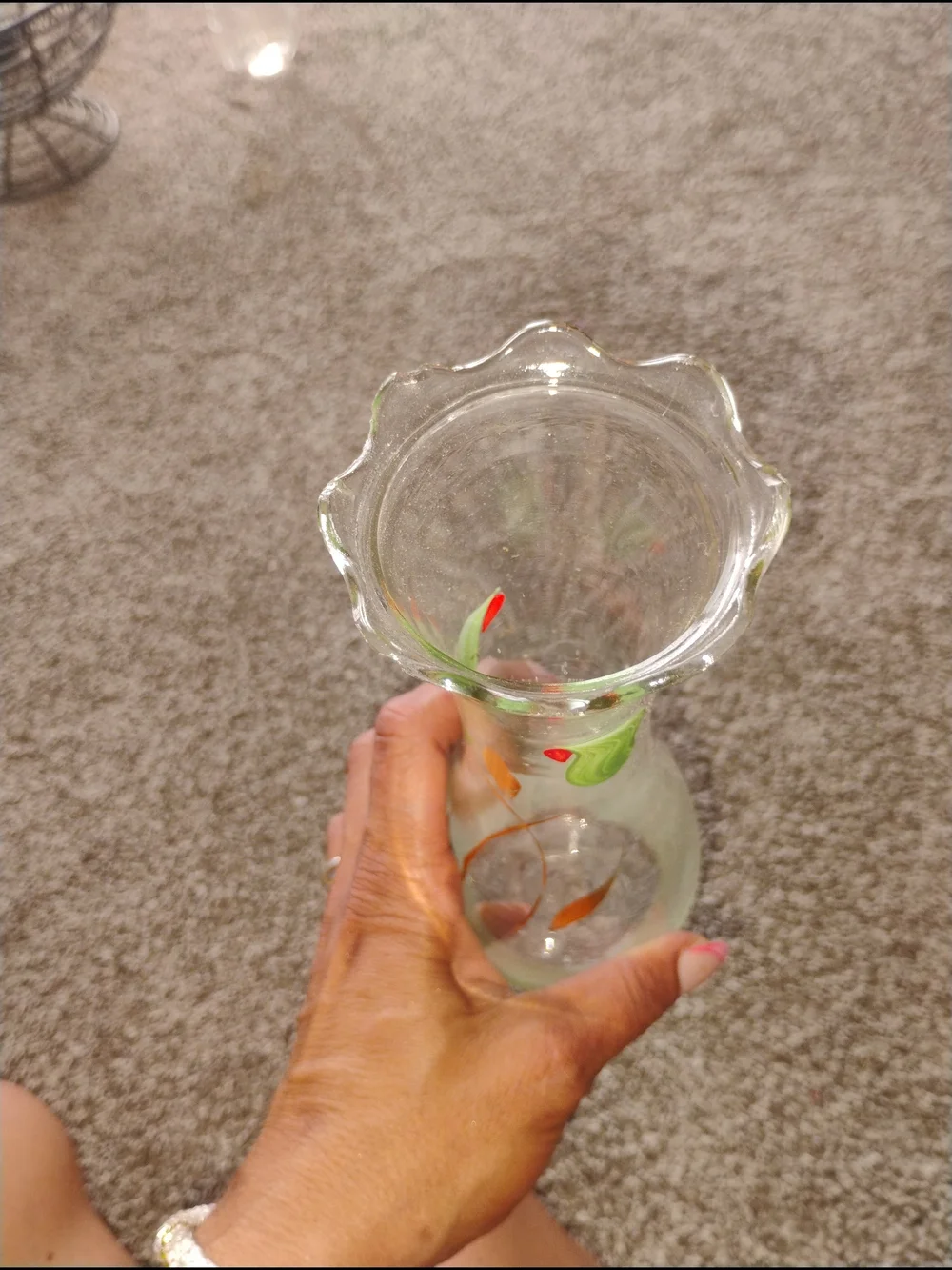 Vintage Hand Painted Clear Glass Vase with Green Base and Gold Leaf Accents